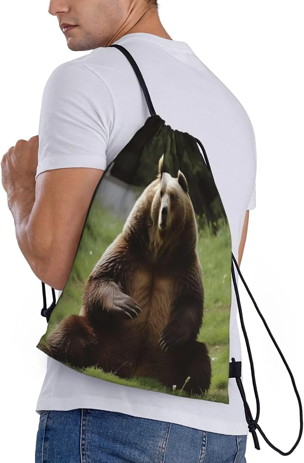 Drawstring Backpack Waterproof String Bag Hi Bear Sit on the Lawn Sport Gym Sackpack Lightweight Cinch Bag