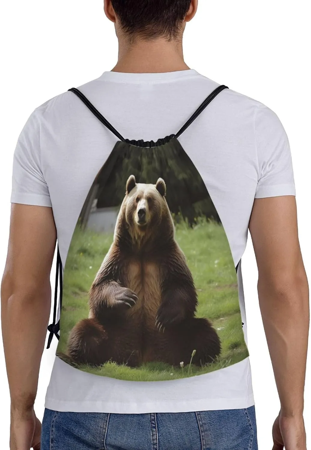 Drawstring Backpack Waterproof String Bag Hi Bear Sit on the Lawn Sport Gym Sackpack Lightweight Cinch Bag