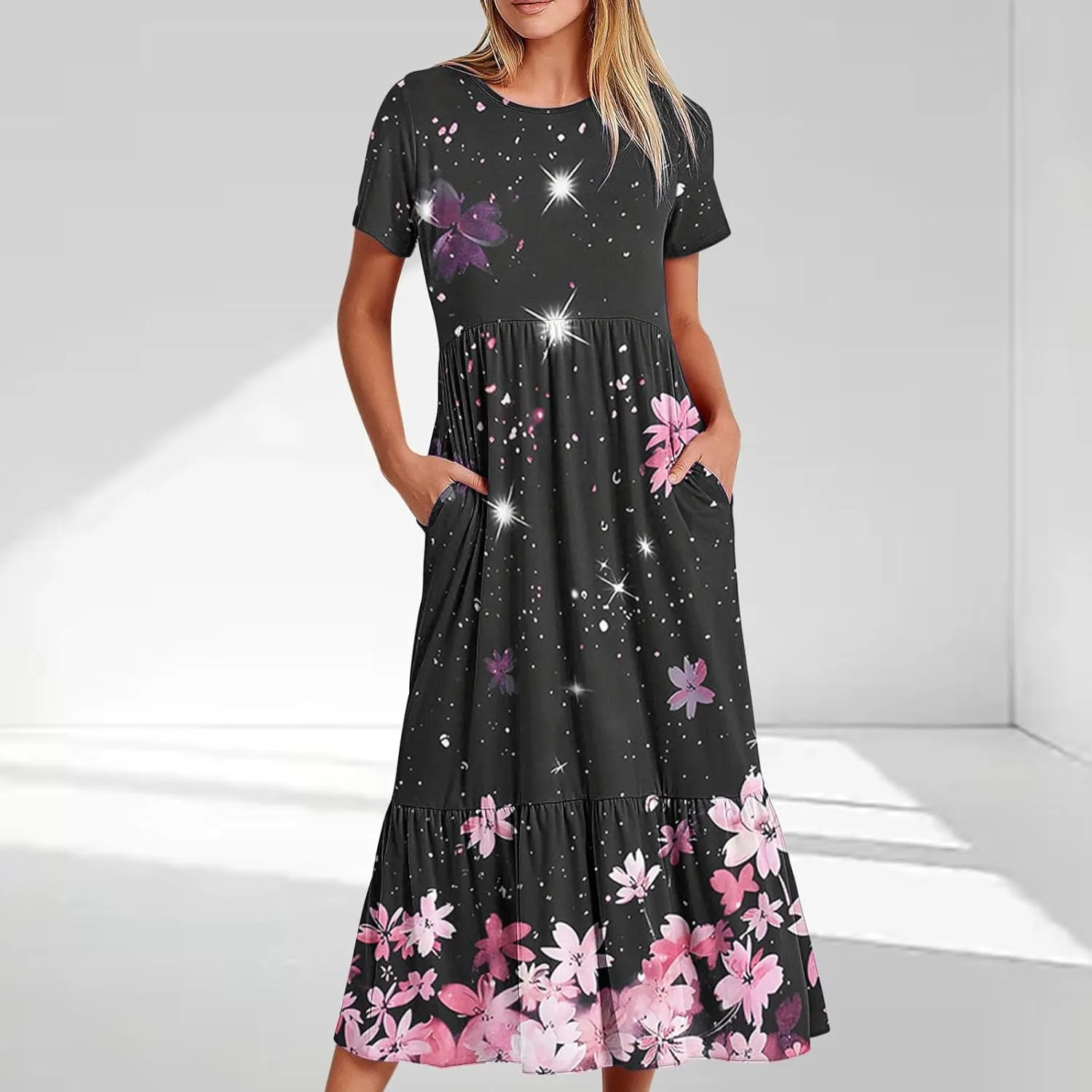 Dresses for Women Summer 2025 Casual Short Sleeve Tie-Dye Midi Sundress Flowy Long T-Shirts Dress with Pockets