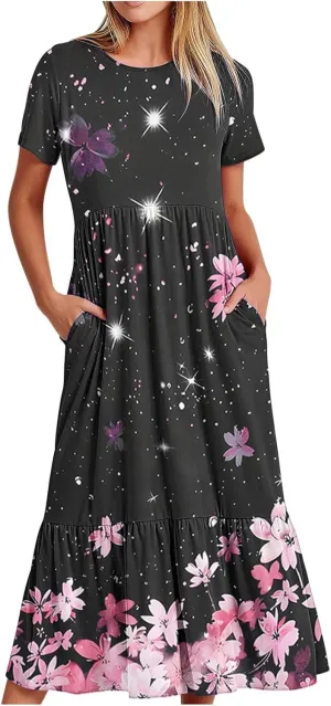Dresses for Women Summer 2025 Casual Short Sleeve Tie-Dye Midi Sundress Flowy Long T-Shirts Dress with Pockets