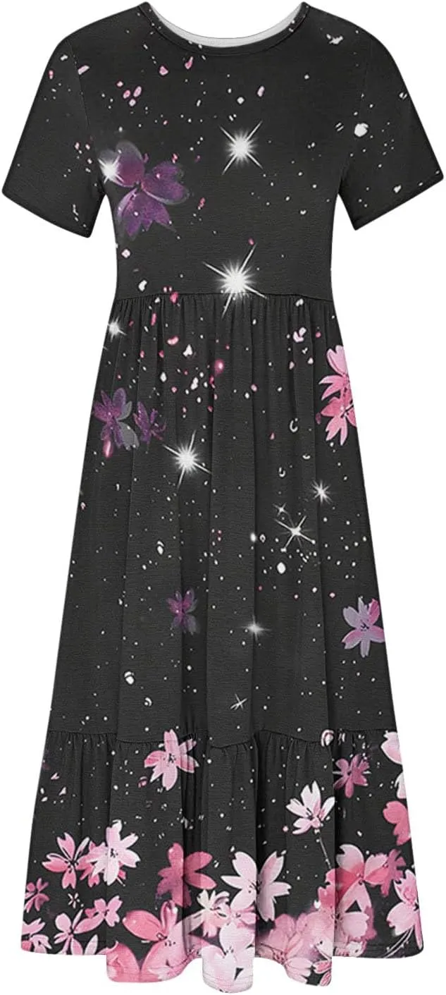 Dresses for Women Summer 2025 Casual Short Sleeve Tie-Dye Midi Sundress Flowy Long T-Shirts Dress with Pockets