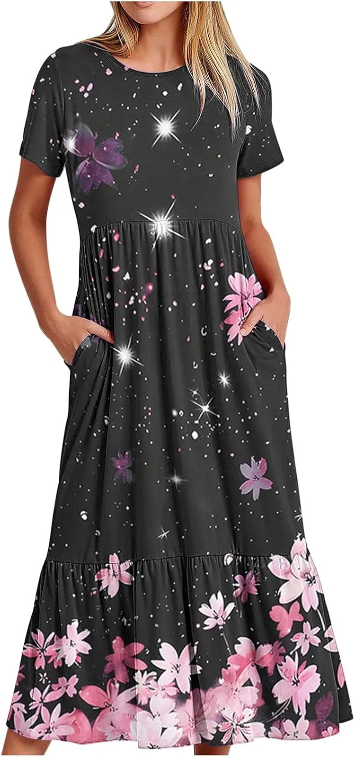 Dresses for Women Summer 2025 Casual Short Sleeve Tie-Dye Midi Sundress Flowy Long T-Shirts Dress with Pockets