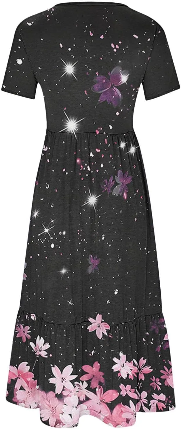 Dresses for Women Summer 2025 Casual Short Sleeve Tie-Dye Midi Sundress Flowy Long T-Shirts Dress with Pockets