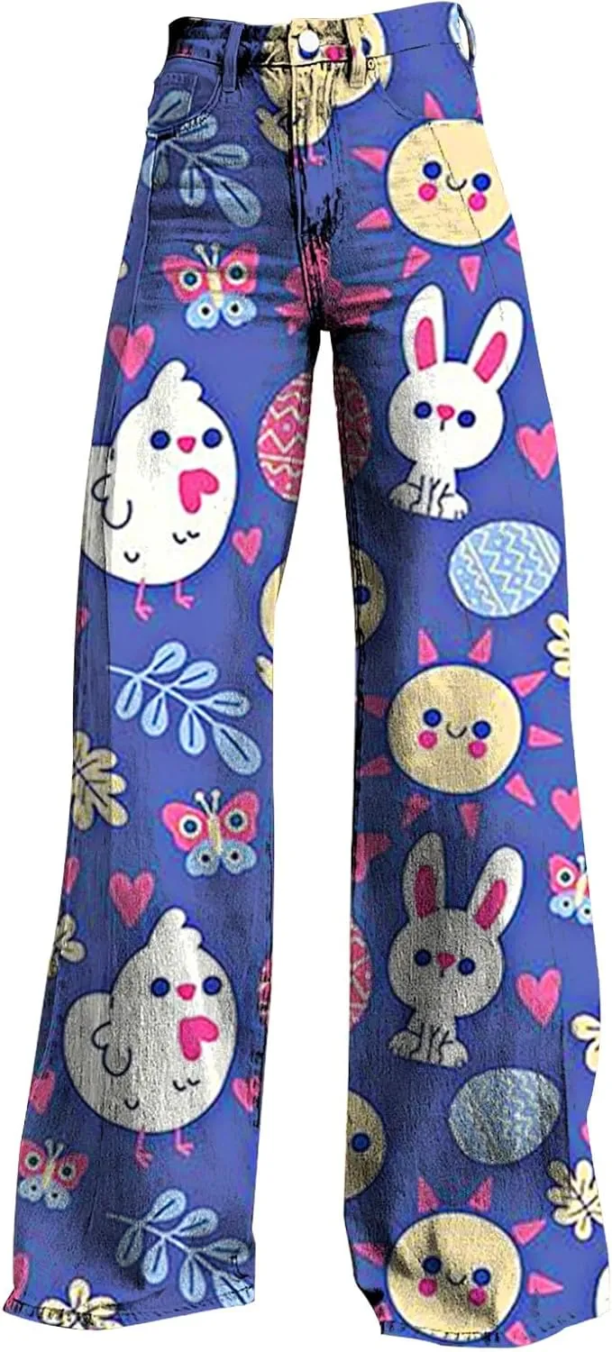 Easter Jeans Women 2025 High Rise Cute Print Trousure Wide Leg Loose Y2K Baggy Straight Denim Pants with Pockets