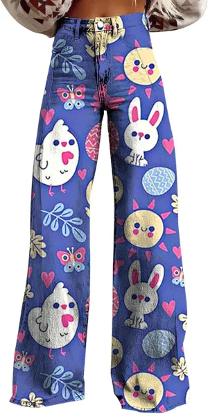 Easter Jeans Women 2025 High Rise Cute Print Trousure Wide Leg Loose Y2K Baggy Straight Denim Pants with Pockets