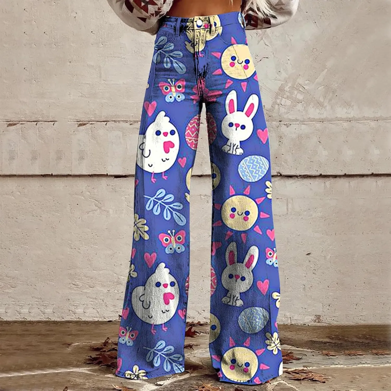 Easter Jeans Women 2025 High Rise Cute Print Trousure Wide Leg Loose Y2K Baggy Straight Denim Pants with Pockets