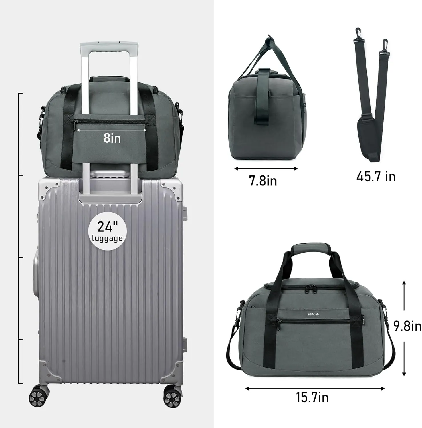 ECOHUB Personal Item 16'' Small Duffel Travel Essentials Gym Tote Overnight Weekender for Women and Men Shoulder Carry On Shoes Bag (Grey)