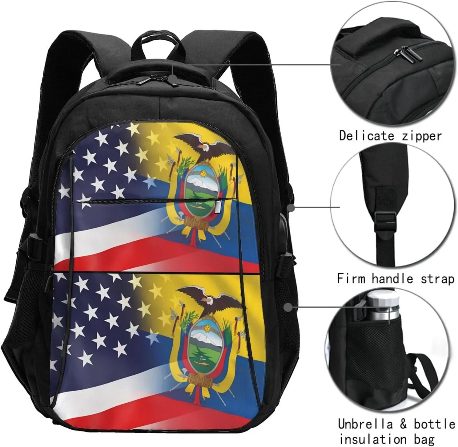 Ecuador American Flag Travel Backpacks Casual Backpack Large Capacity Laptop Rucksack Luggage Daypacks with USB Charging Port Multi-Pockets Bags for Hiking