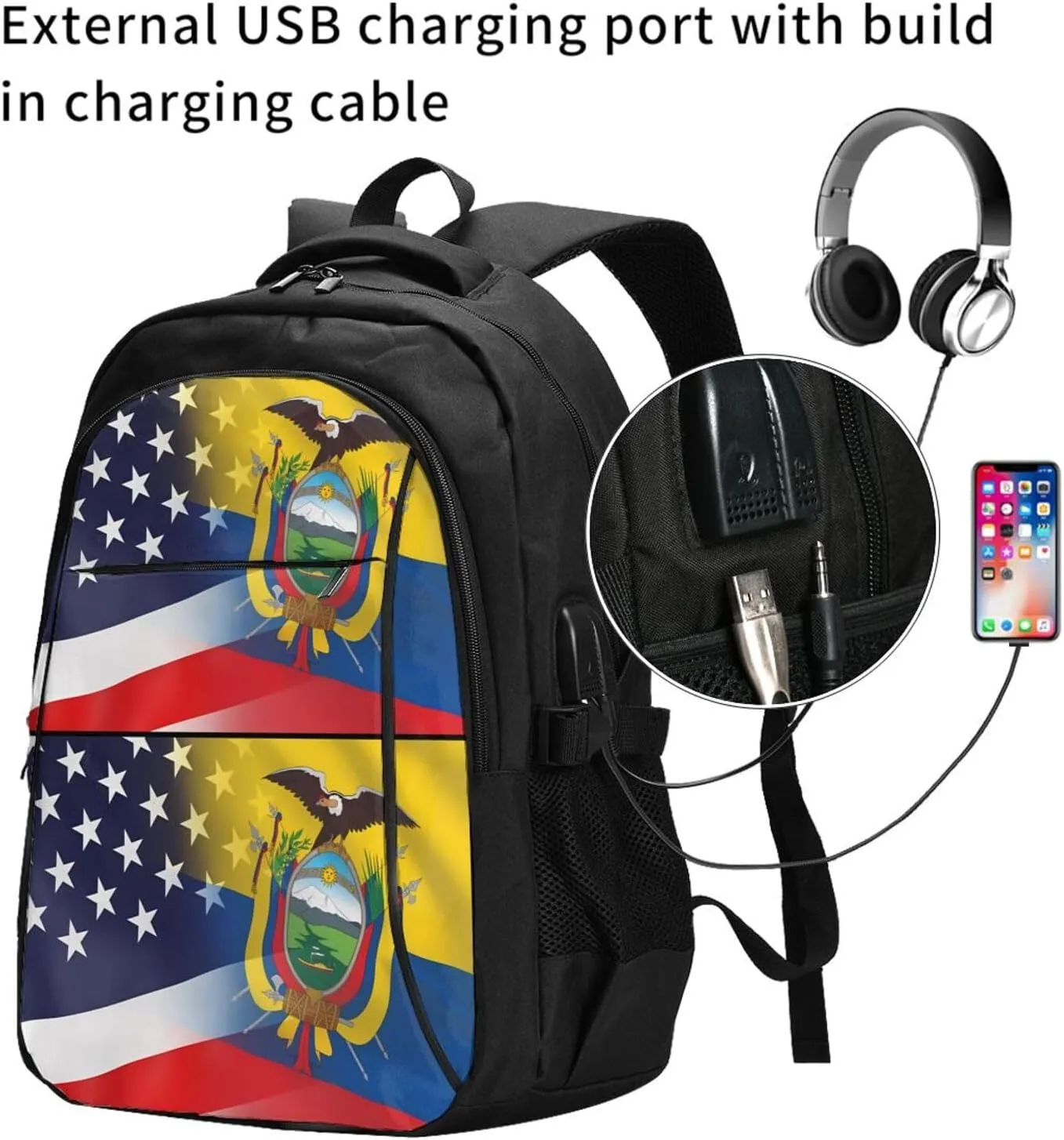 Ecuador American Flag Travel Backpacks Casual Backpack Large Capacity Laptop Rucksack Luggage Daypacks with USB Charging Port Multi-Pockets Bags for Hiking