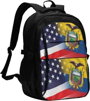 Ecuador American Flag Travel Backpacks Casual Backpack Large Capacity Laptop Rucksack Luggage Daypacks with USB Charging Port Multi-Pockets Bags for Hiking