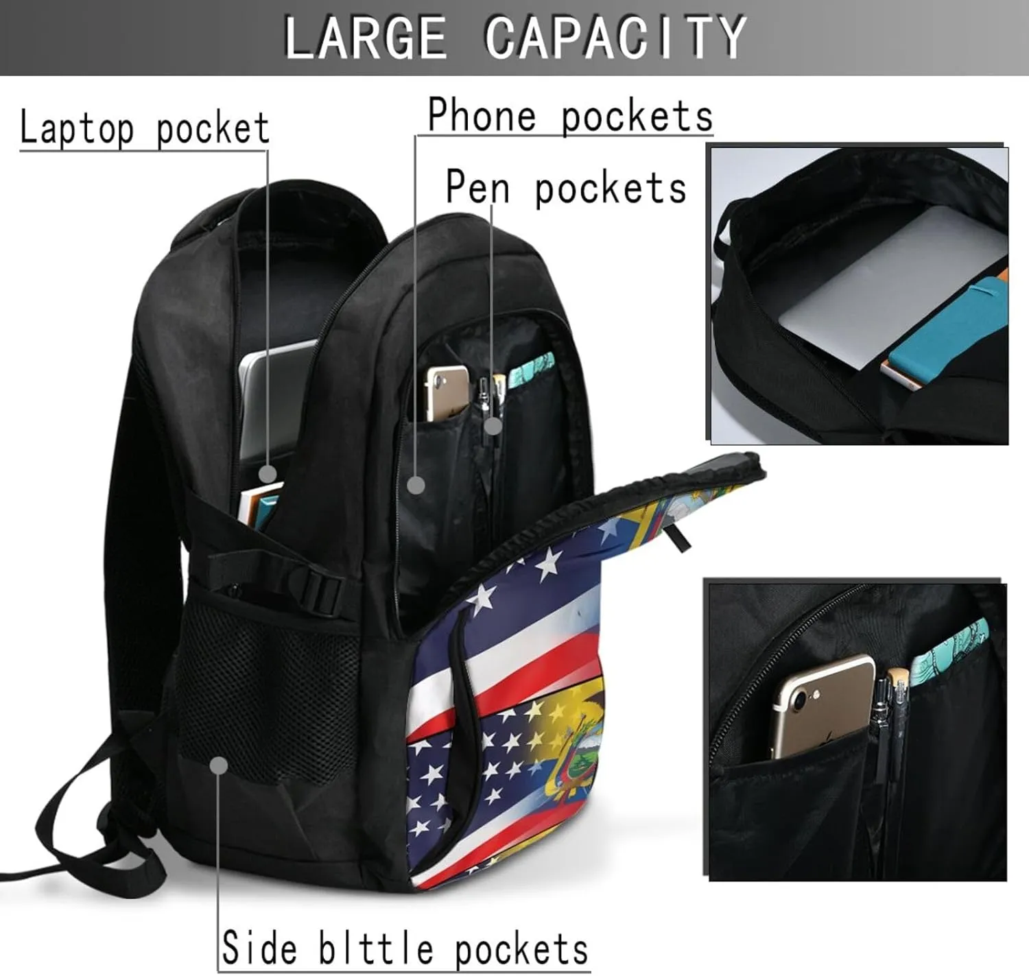 Ecuador American Flag Travel Backpacks Casual Backpack Large Capacity Laptop Rucksack Luggage Daypacks with USB Charging Port Multi-Pockets Bags for Hiking