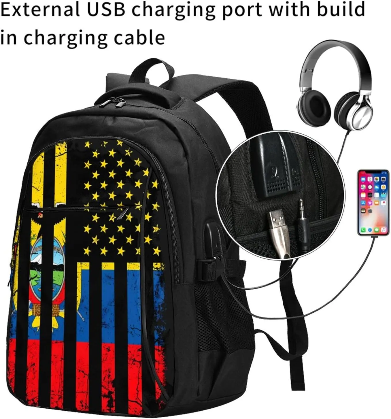 Ecuadorian American Flag America Ecuador Roots Travel Backpacks Casual Backpack Large Capacity Laptop Rucksack Luggage Daypacks with USB Charging Port Multi-Pockets Bags for Hiking