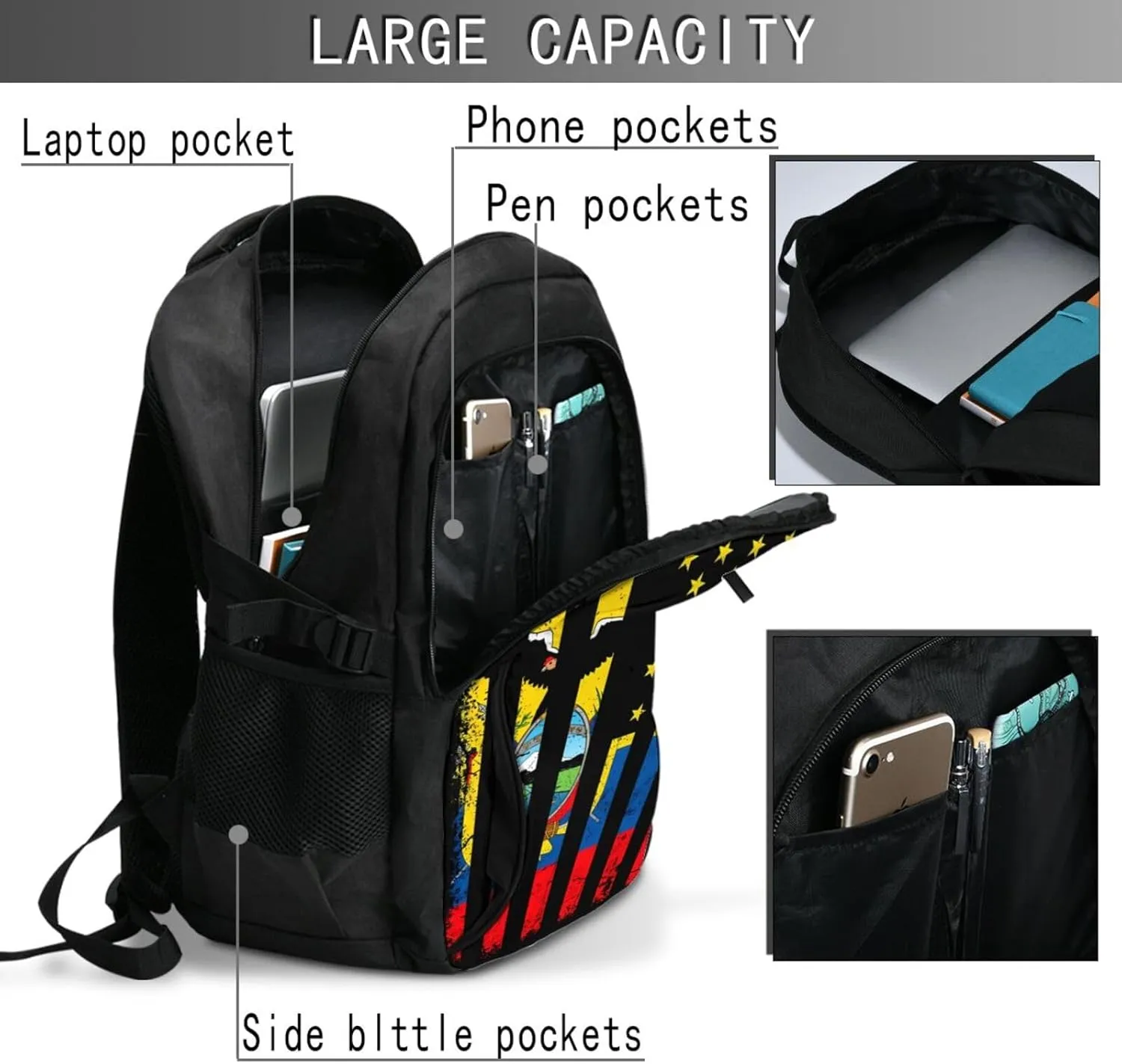 Ecuadorian American Flag America Ecuador Roots Travel Backpacks Casual Backpack Large Capacity Laptop Rucksack Luggage Daypacks with USB Charging Port Multi-Pockets Bags for Hiking