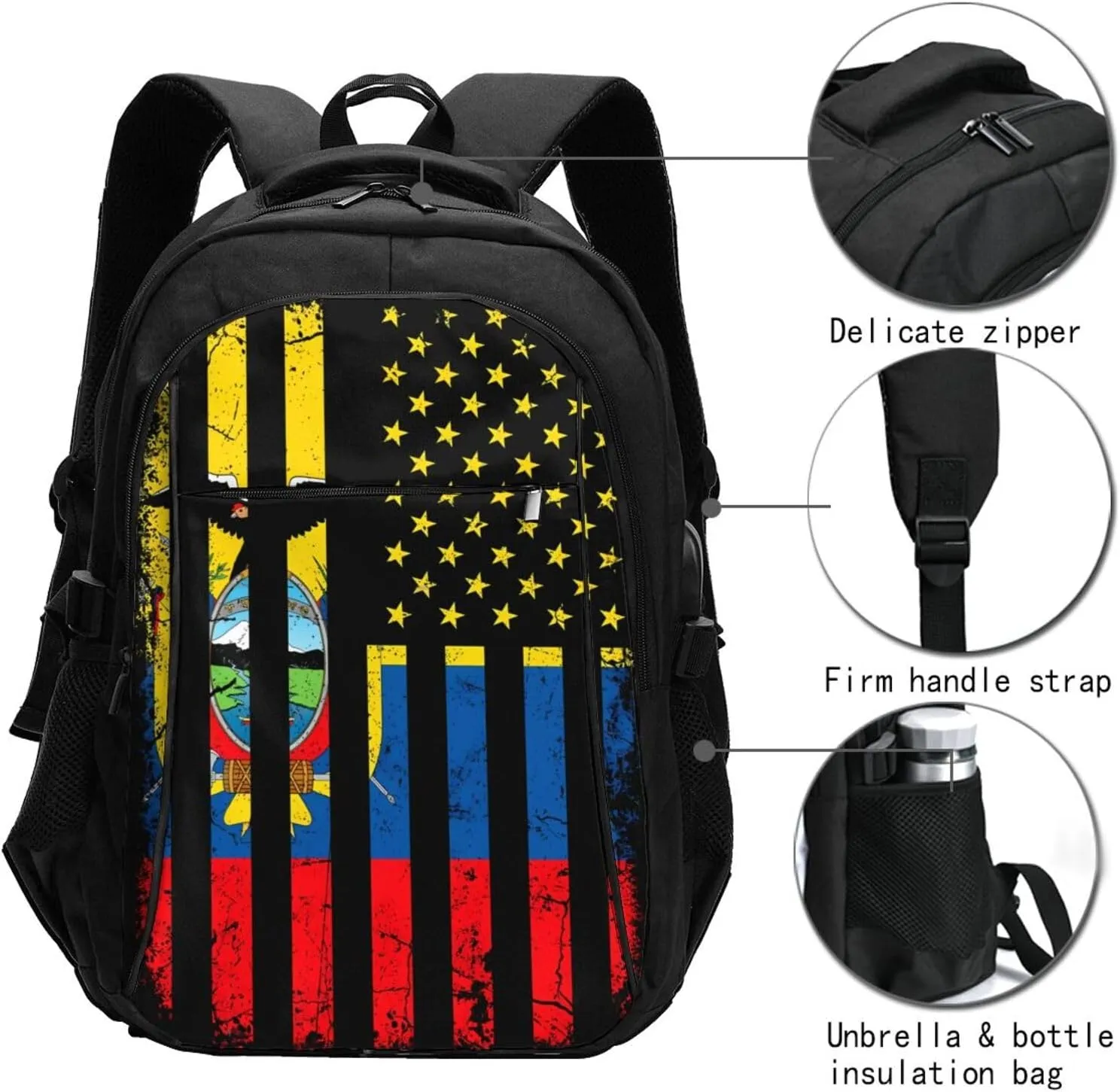 Ecuadorian American Flag America Ecuador Roots Travel Backpacks Casual Backpack Large Capacity Laptop Rucksack Luggage Daypacks with USB Charging Port Multi-Pockets Bags for Hiking