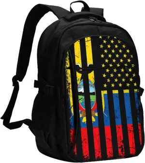 Ecuadorian American Flag America Ecuador Roots Travel Backpacks Casual Backpack Large Capacity Laptop Rucksack Luggage Daypacks with USB Charging Port Multi-Pockets Bags for Hiking