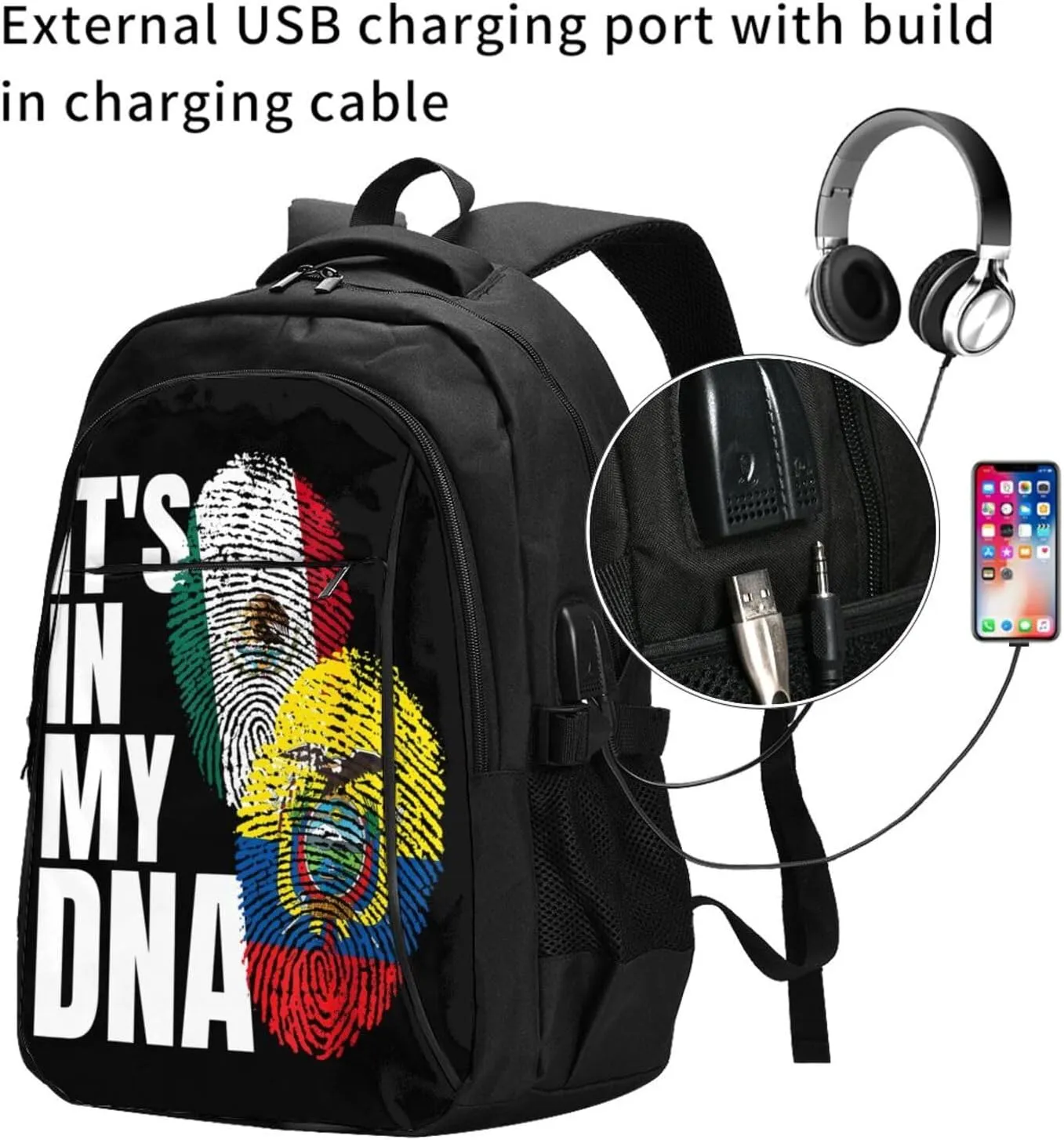 Ecuadorian Mexican Mix Flag Travel Backpacks Casual Backpack Large Capacity Laptop Rucksack Luggage Daypacks with USB Charging Port Multi-Pockets Bags for Hiking