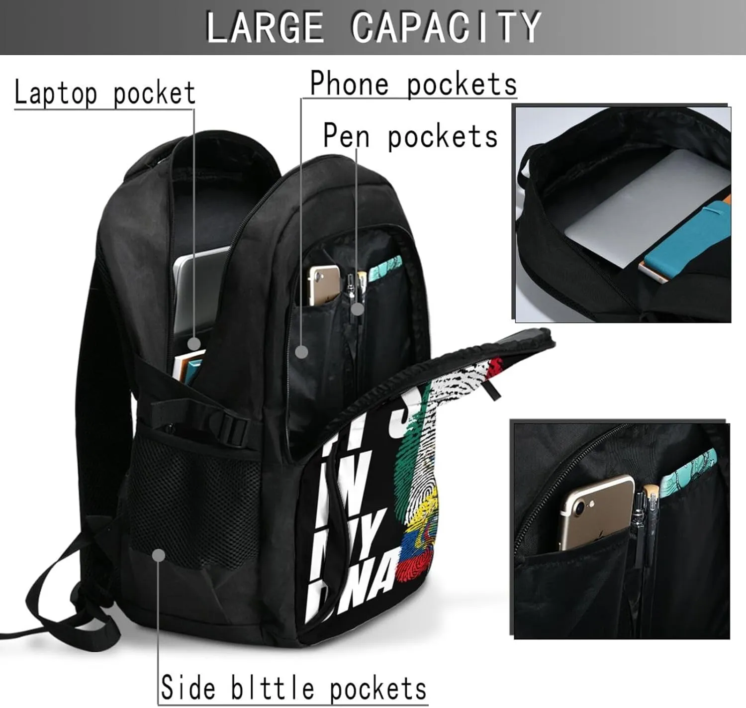 Ecuadorian Mexican Mix Flag Travel Backpacks Casual Backpack Large Capacity Laptop Rucksack Luggage Daypacks with USB Charging Port Multi-Pockets Bags for Hiking