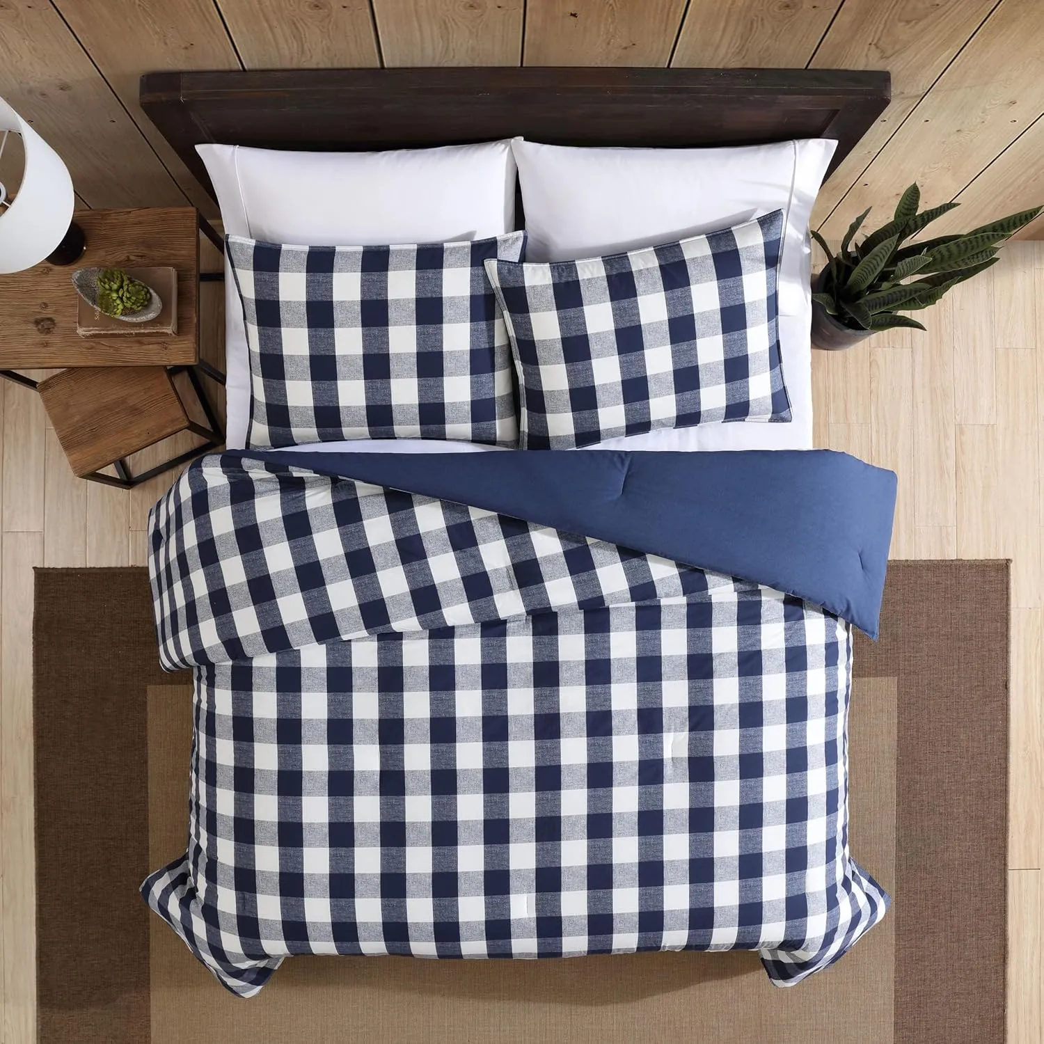 Eddie Bauer - Queen Comforter Set, Reversible Cotton Bedding with Matching Shams, Stylish Plaid Home Decor (Lakehouse Blue, Queen)
