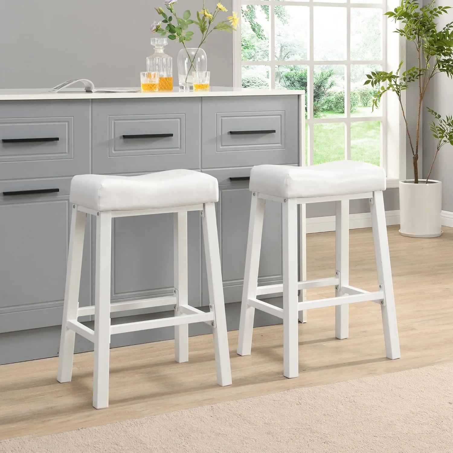 eHemco Heavy-Duty Padded Faux Leather Saddle Seat Kitchen Counter Barstools, 29 Inches, White, Set of 2