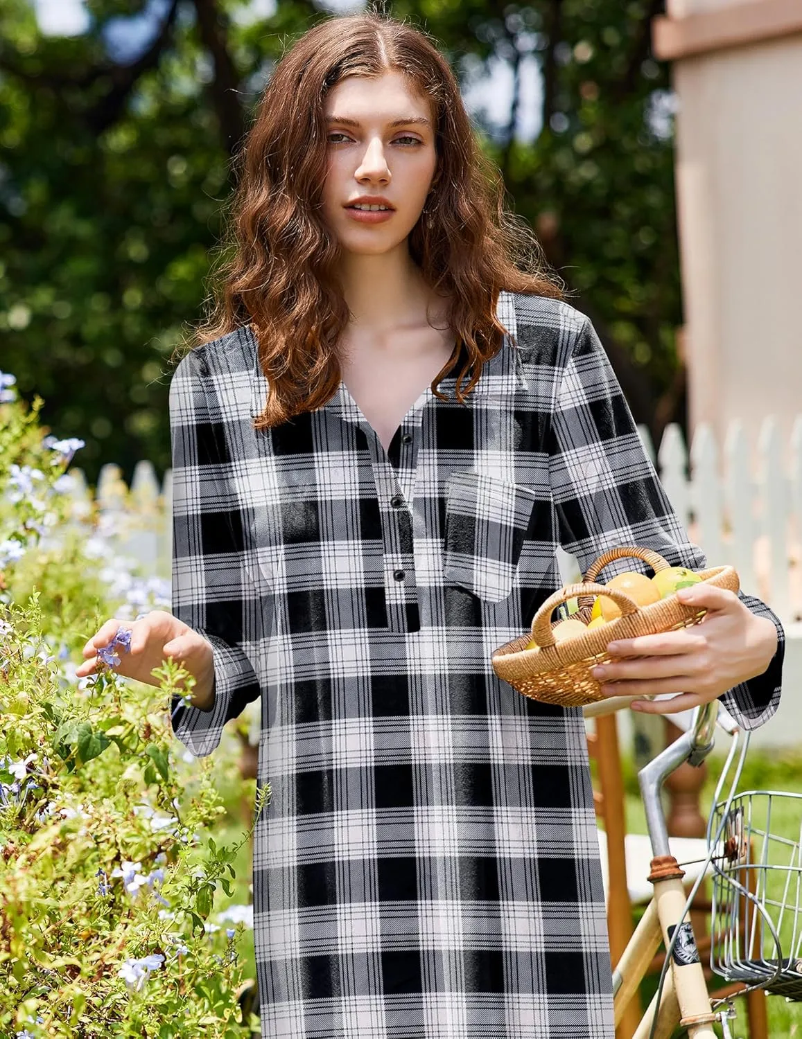Ekouaer Women Flannel Nightgown Full Length Boyfriend Nightshirt Plaid Long Sleep Dress with Button Loungewear S-XXXL