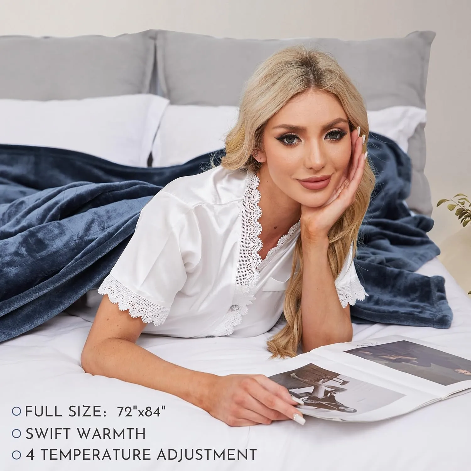 Electric Blanket Heated 72"x84" Full Size Flannel Heated Blanket with 4 Heating Levels & 10 Hours Auto Off, Machine Washable - Dark Blue