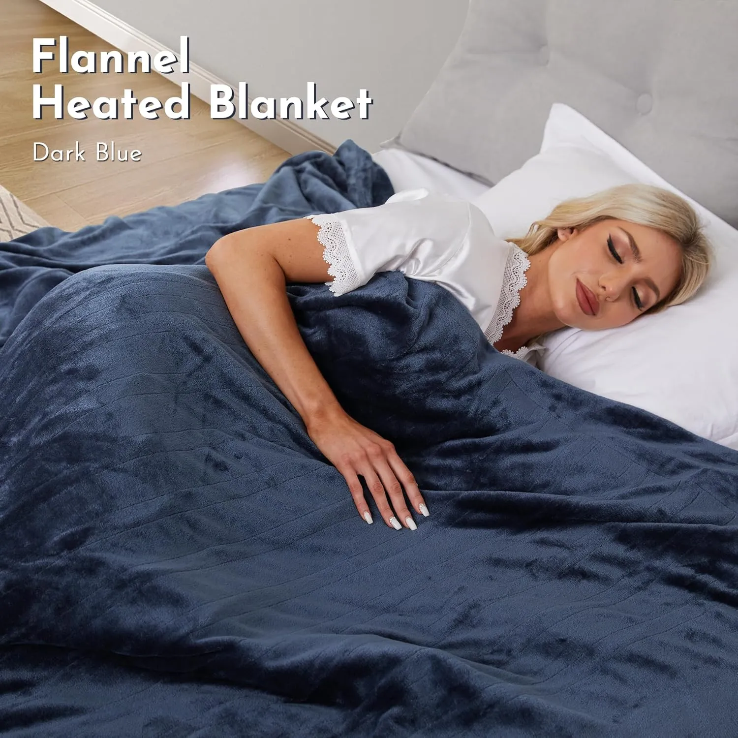 Electric Blanket Heated 72"x84" Full Size Flannel Heated Blanket with 4 Heating Levels & 10 Hours Auto Off, Machine Washable - Dark Blue