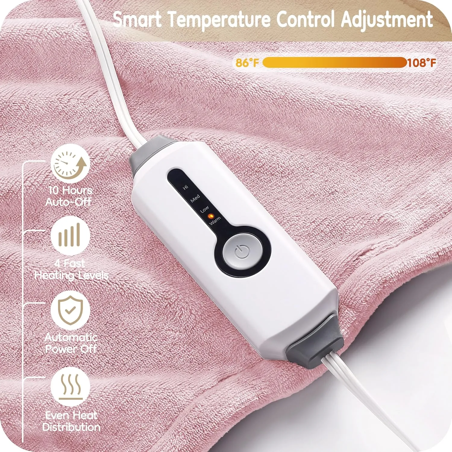 Electric Heated Blanket Breathable Warm 72" x 84" Full Size Flannel Heated Blanket with 1-4 Heating Levels & 10 Hours Auto Shut Off, Control Temperature and Washable, for Sofa and Bed - Pink