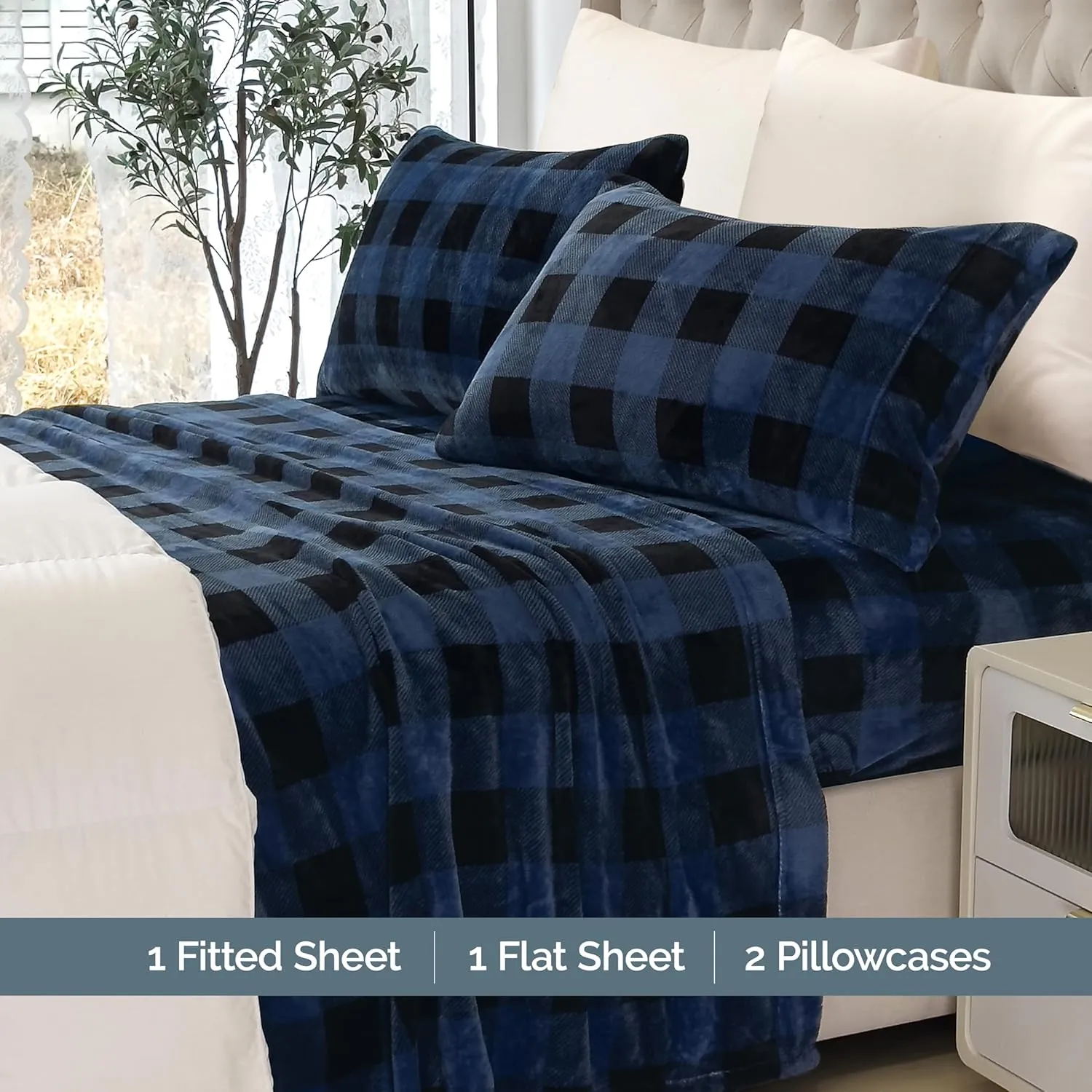 Elegant Comfort Luxuriously Soft 4-Piece Velvet Plush Flannel Sheet Set - Premium Quality - Cozy Warm, Anti-Static, Non Pilling Fuzzy Velvet Flannel Fleece Deep Pocket Sheet Set - Queen, Buffalo Blue