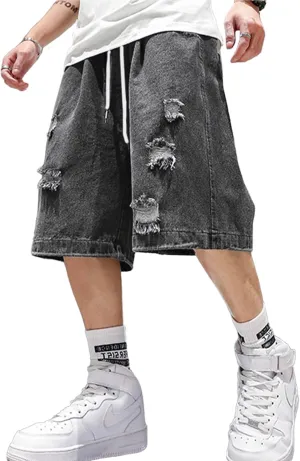 EMMIOL Baggy Jean Shorts Men, y2k Jorts Cargo Ripped Elastic Waisted, Mens Denim Shorts Loose fit Vintage Streetwear Summer