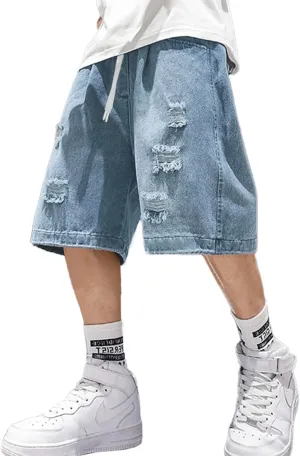 EMMIOL Baggy Jean Shorts Men, y2k Jorts Cargo Ripped Elastic Waisted, Mens Denim Shorts Loose fit Vintage Streetwear Summer