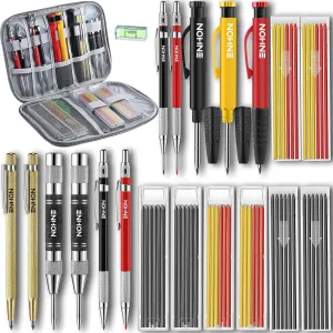Enhon 24 Pack Mechanical Carpenter Pencils Set with Case, Deep Hole Marker 2.8mm & 2.0mm Lead Refills, Heavy Duty Woodworking Pencils with Built-in Sharpener, Carbide Scribe, Center Punch & Level