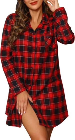 ENJOYNIGHT Women's Sleep Shirt Flannel Print Pajama Top Button-Front Nightshirt Sleepwear