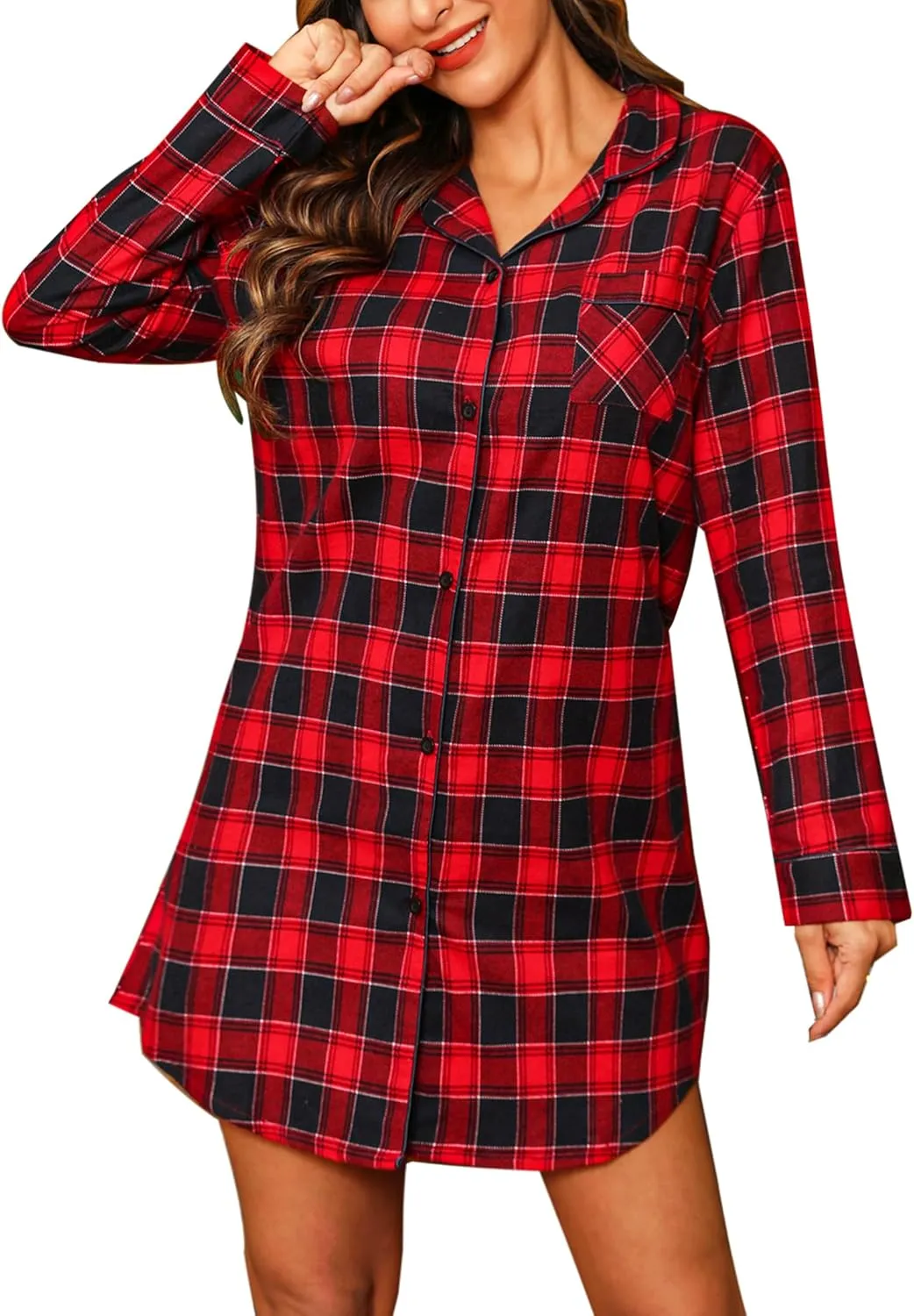 ENJOYNIGHT Women's Sleep Shirt Flannel Print Pajama Top Button-Front Nightshirt Sleepwear