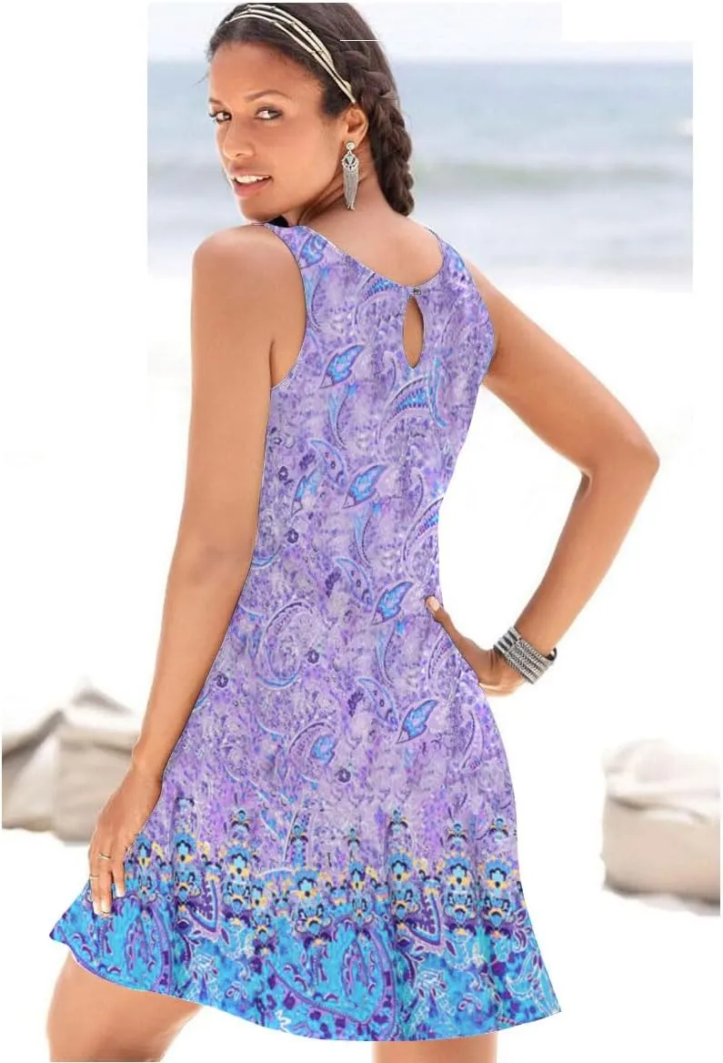 ETCYY NEW Summer Dresses for Women Trendy Boho Floral Print Sundresses Sleeveless Beach Cover Up Dress with Pockets