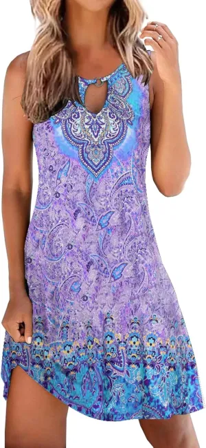 ETCYY NEW Summer Dresses for Women Trendy Boho Floral Print Sundresses Sleeveless Beach Cover Up Dress with Pockets