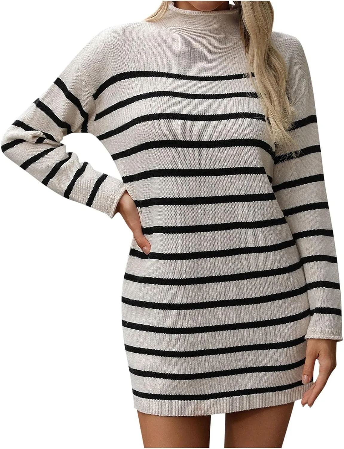 Fall Dresses for Women 2024 Fashion Long Sleeve Knitted Sweater Dress Causal Mock Neck Striped Fall Pullover Outfits