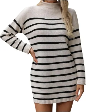 Fall Dresses for Women 2024 Fashion Long Sleeve Knitted Sweater Dress Causal Mock Neck Striped Fall Pullover Outfits
