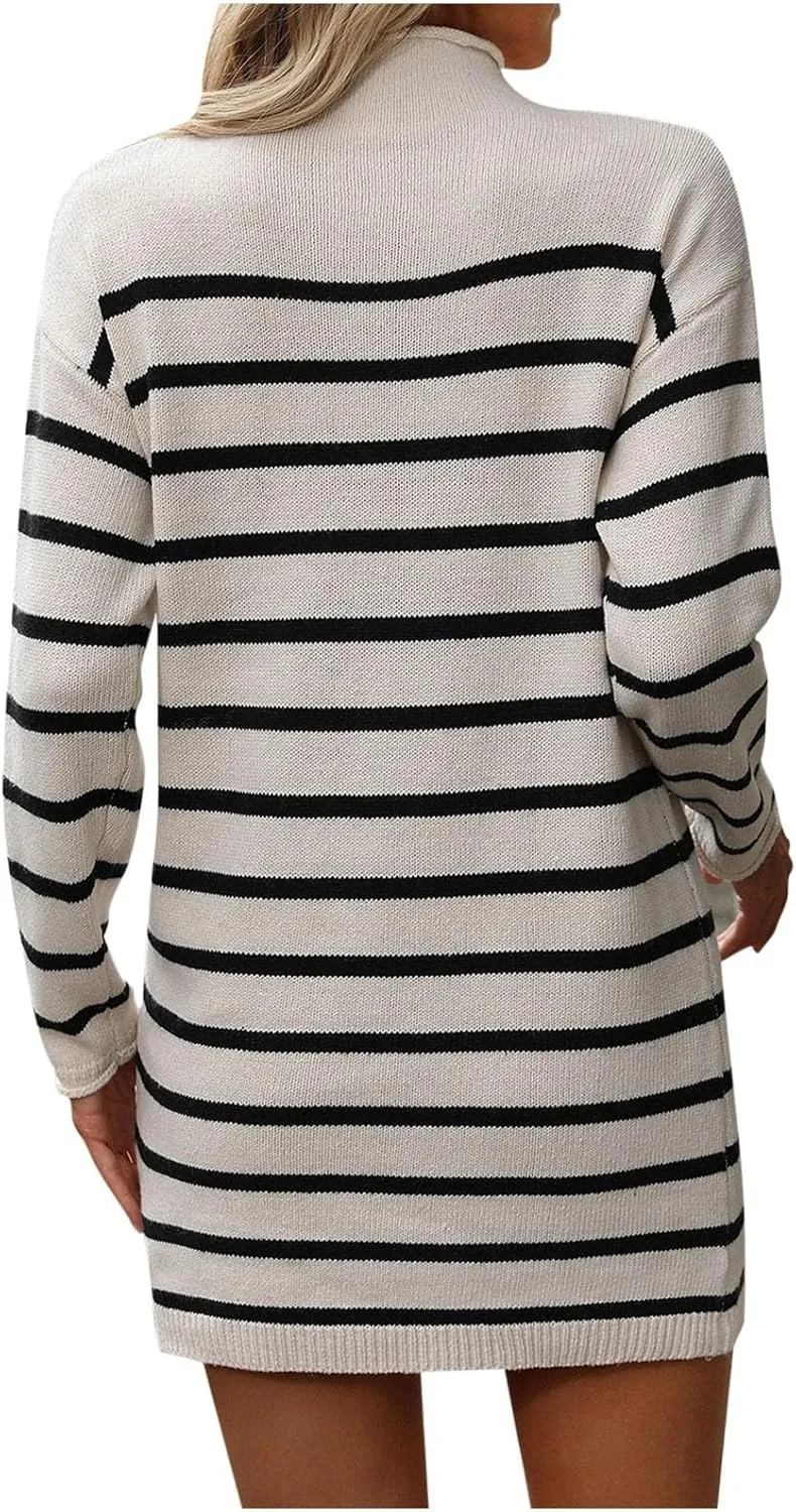 Fall Dresses for Women 2024 Fashion Long Sleeve Knitted Sweater Dress Causal Mock Neck Striped Fall Pullover Outfits
