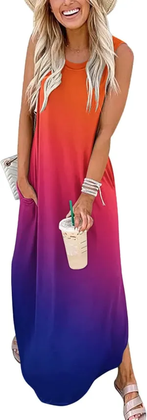 FANDEE Women's Casual Summer Loose Sunresses Long Dresses Sleeveless Split Maxi Beach Dress with Pockets