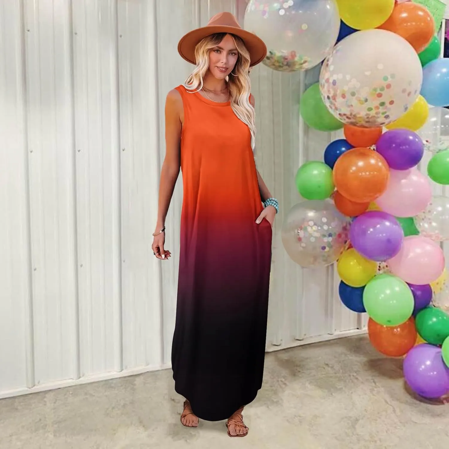FANDEE Women's Casual Summer Loose Sunresses Long Dresses Sleeveless Split Maxi Beach Dress with Pockets