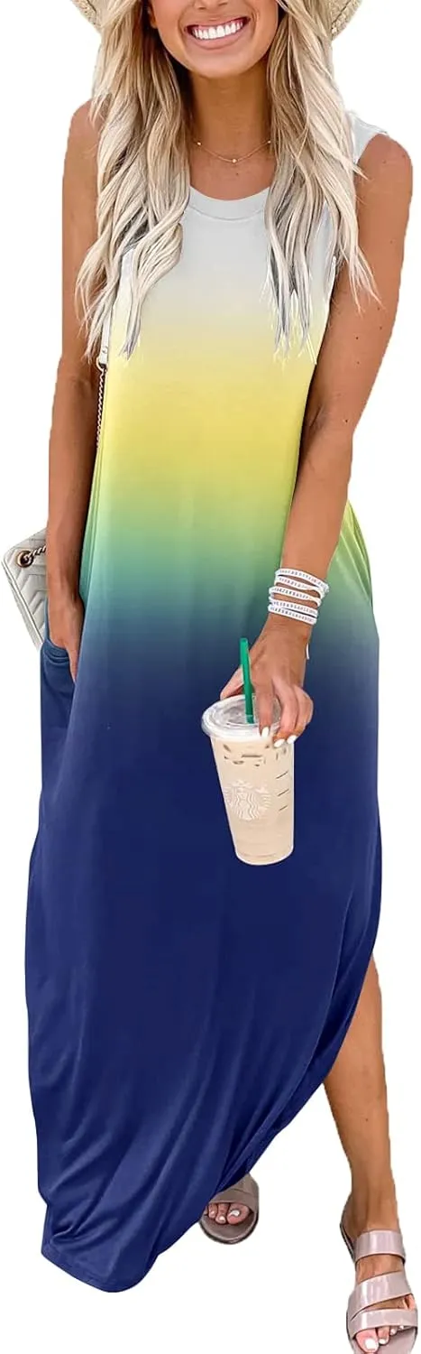 FANDEE Women's Casual Summer Loose Sunresses Long Dresses Sleeveless Split Maxi Beach Dress with Pockets