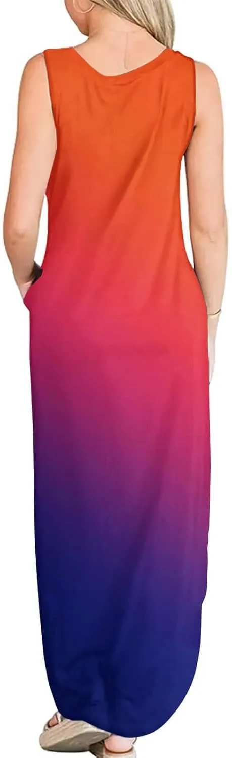 FANDEE Women's Casual Summer Loose Sunresses Long Dresses Sleeveless Split Maxi Beach Dress with Pockets