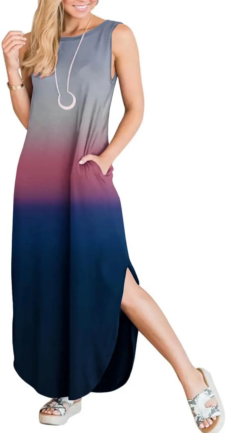FANDEE Women's Casual Summer Loose Sunresses Long Dresses Sleeveless Split Maxi Beach Dress with Pockets