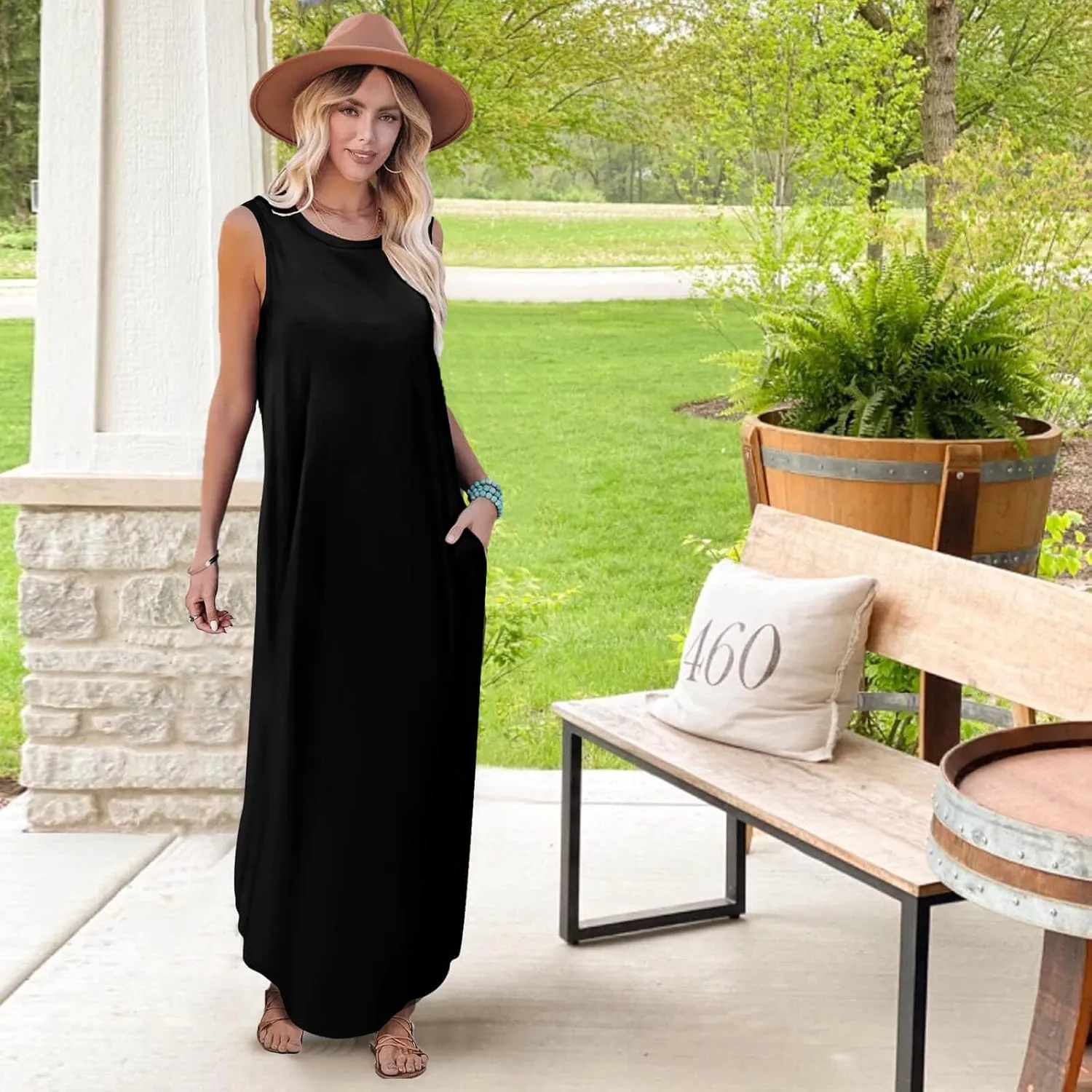 FANDEE Women's Casual Summer Loose Sunresses Long Dresses Sleeveless Split Maxi Beach Dress with Pockets