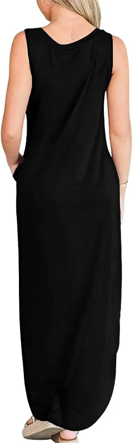 FANDEE Women's Casual Summer Loose Sunresses Long Dresses Sleeveless Split Maxi Beach Dress with Pockets