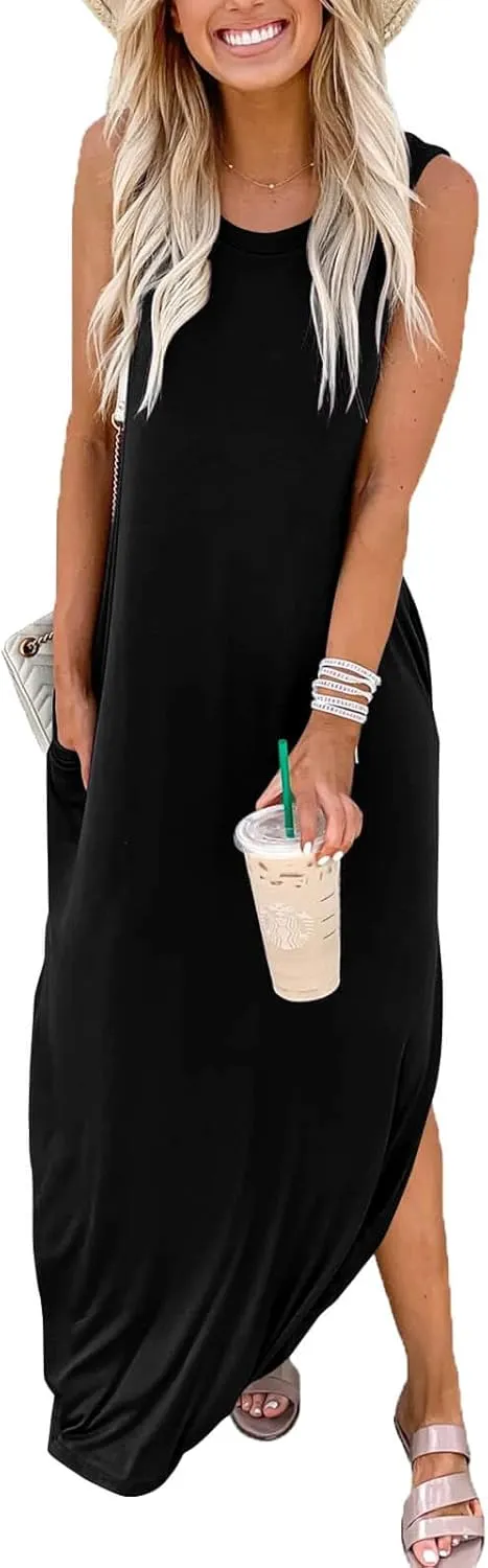 FANDEE Women's Casual Summer Loose Sunresses Long Dresses Sleeveless Split Maxi Beach Dress with Pockets