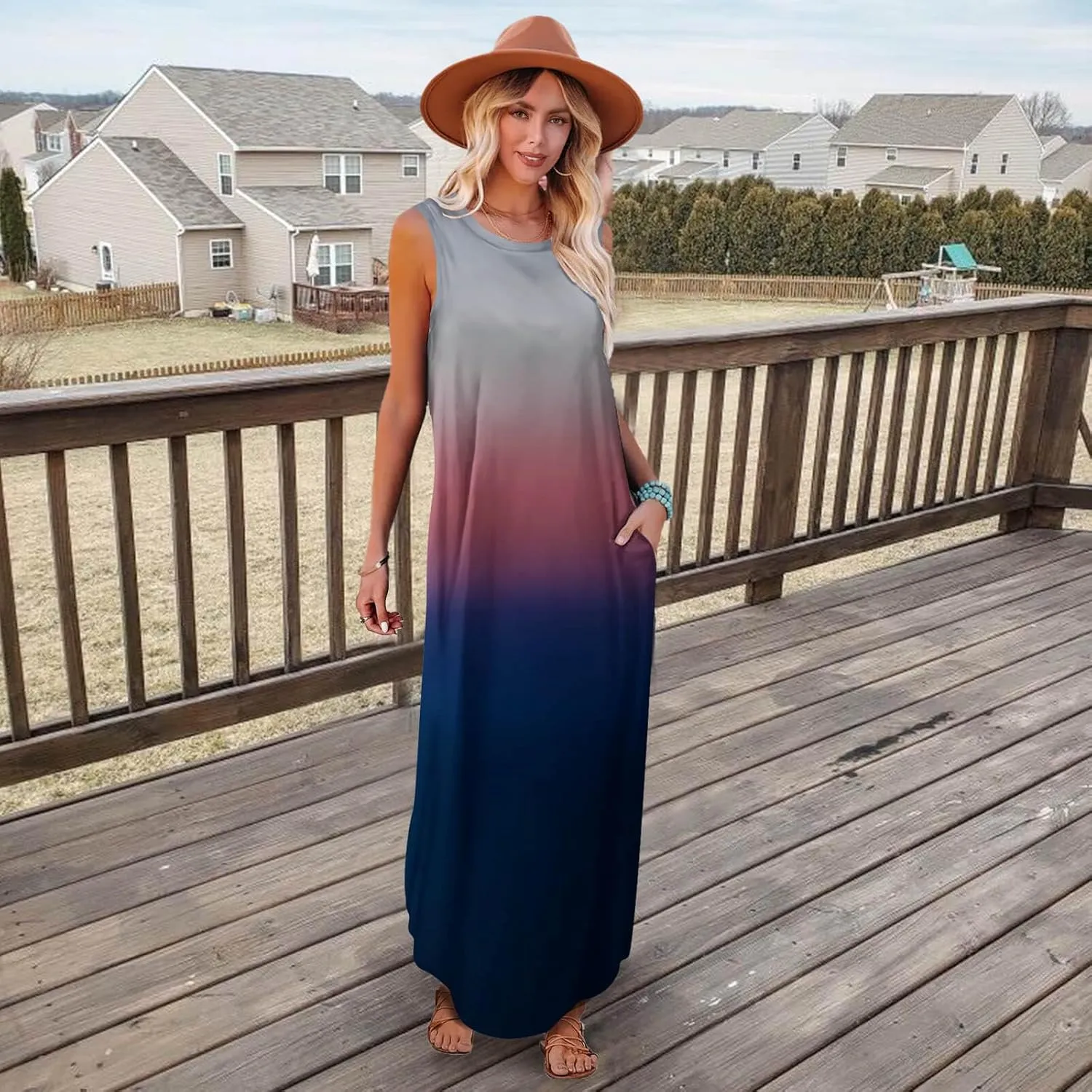 FANDEE Women's Casual Summer Loose Sunresses Long Dresses Sleeveless Split Maxi Beach Dress with Pockets