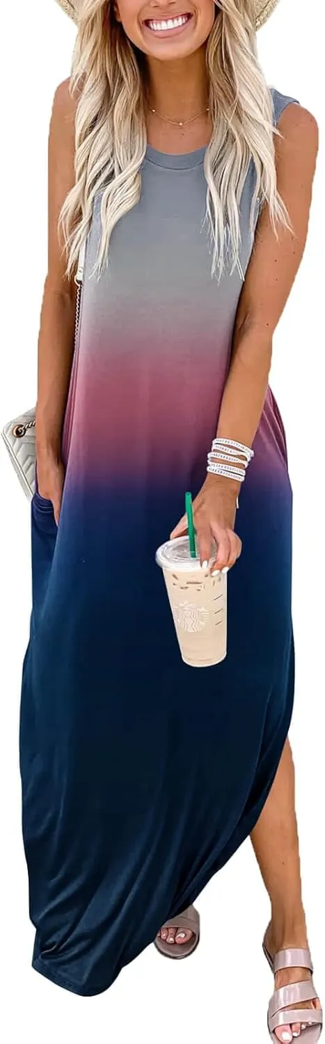 FANDEE Women's Casual Summer Loose Sunresses Long Dresses Sleeveless Split Maxi Beach Dress with Pockets