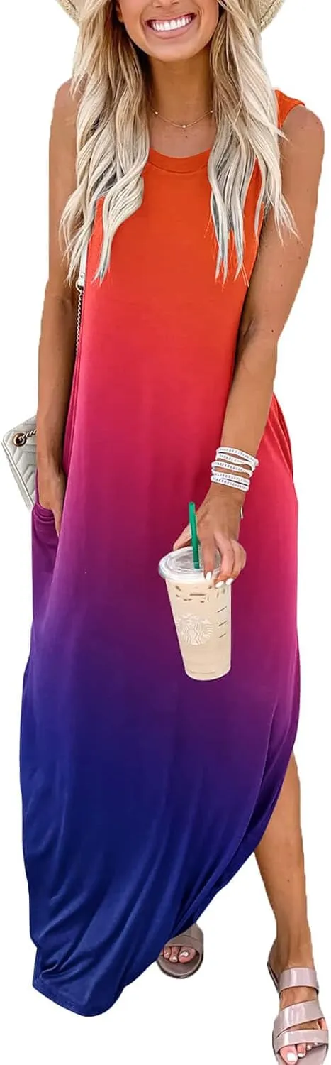 FANDEE Women's Casual Summer Loose Sunresses Long Dresses Sleeveless Split Maxi Beach Dress with Pockets