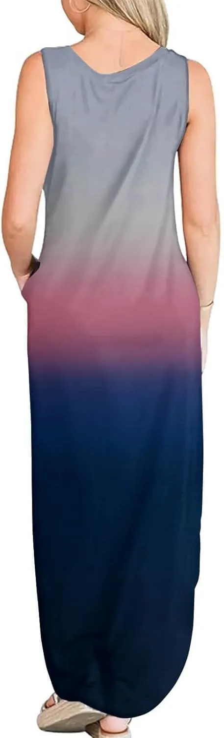 FANDEE Women's Casual Summer Loose Sunresses Long Dresses Sleeveless Split Maxi Beach Dress with Pockets